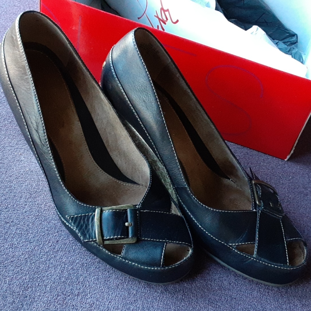 Aerosoles Kin Ship Leather Peep Toe Heels Wedges 8M - Picture 3 of 9